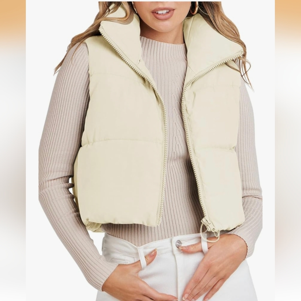 MEROKEETY Cropped Puffer Vest Medium Cream
